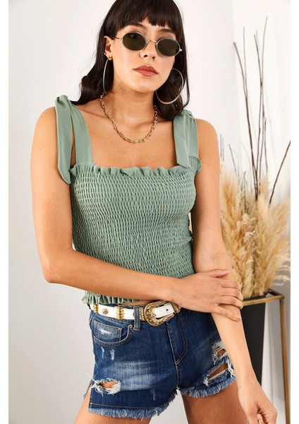 Kadın Yeşil Askılı Crop Bluz modelleri