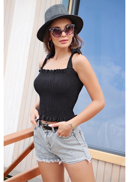 Omuz Bağlamalı Gipeli Kolsuz Siyah