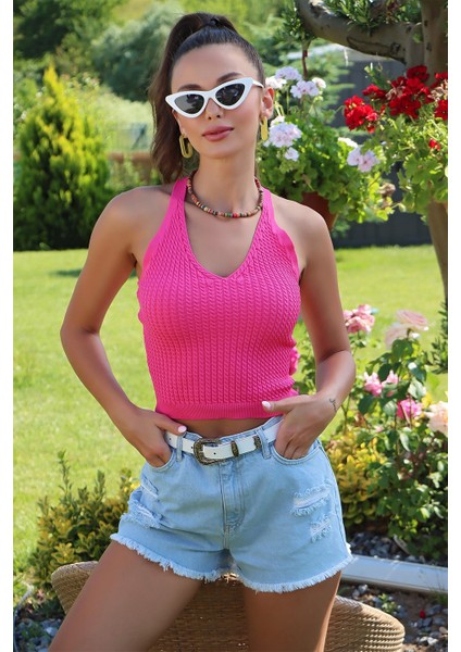 Ip Askılı V Yaka Sırtı Çapraz Askılı Bluz Fuşya