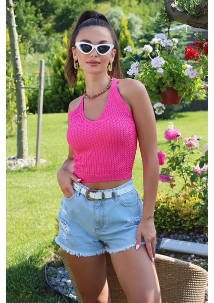 Ip Askılı V Yaka Sırtı Çapraz Askılı Bluz Fuşya modelleri