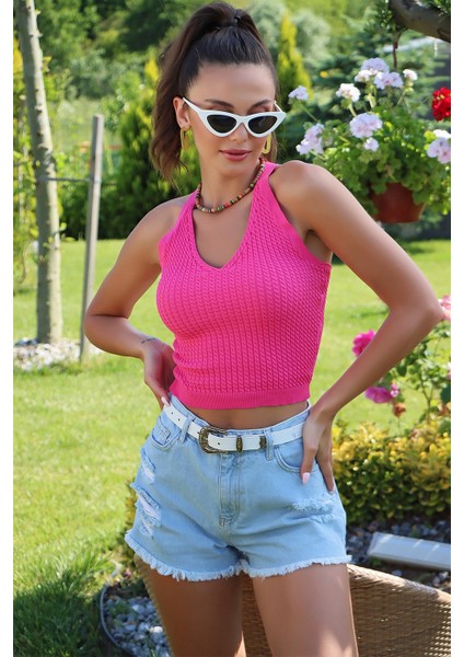 Ip Askılı V Yaka Sırtı Çapraz Askılı Bluz Fuşya fırsatları