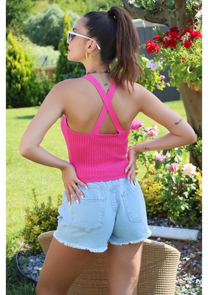 Ip Askılı V Yaka Sırtı Çapraz Askılı Bluz Fuşya indirimleri