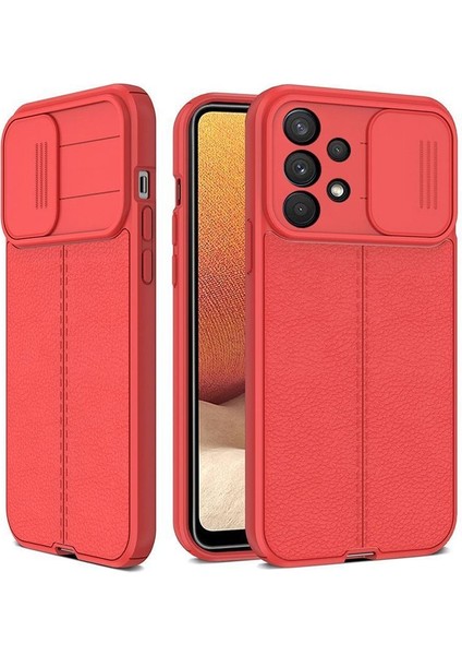 Casestreet Samsung Galaxy A33 5g Kılıf Kamera Sürgülü Deri Dokulu Mat Silikon+Nano Glass Koruyucu Kırmızı