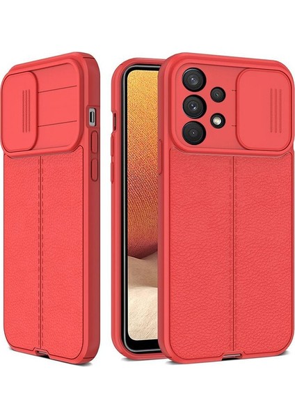 Samsung Galaxy A23 Kılıf Kamera Sürgülü Deri Dokulu Mat Silikon Kırmızı