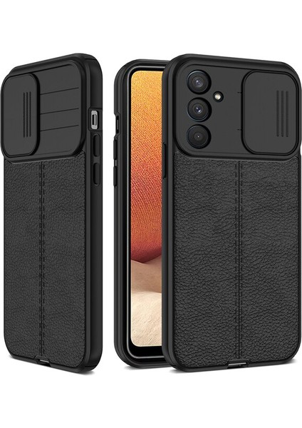 Samsung Galaxy M23 Kılıf Kamera Sürgülü Deri Dokulu Mat Silikon Siyah