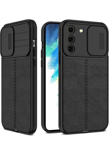 Samsung Galaxy S22 Plus Kılıf Kamera Sürgülü Deri Dokulu Mat Silikon Siyah