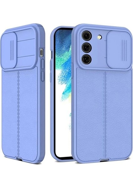 Samsung Galaxy S22 Plus Kılıf Kamera Sürgülü Deri Dokulu Mat Silikon Mor