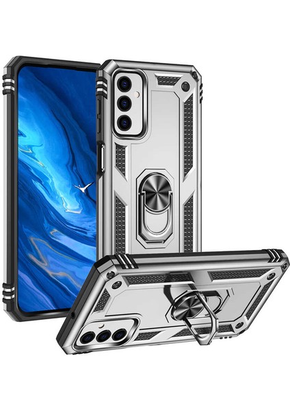 Samsung Galaxy M23 Kılıf Vega Sert Silikon Tank Standlı Yüzüklü Mıknatıslı+Nano Glass Gümüş
