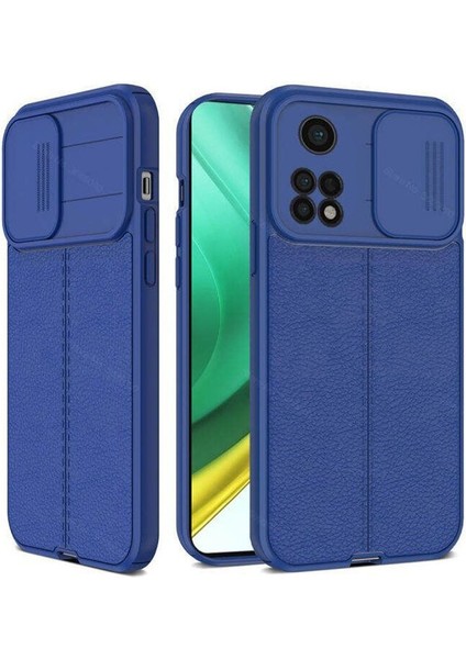 Xiaomi Redmi Note 11 Pro Kılıf Kamera Sürgülü Deri Dokulu Mat Silikon+Nano Glass Lacivert