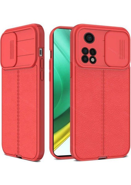 Xiaomi Redmi Note 11S Global Kılıf Kamera Sürgülü Deri Dokulu Mat Silikon Kırmızı