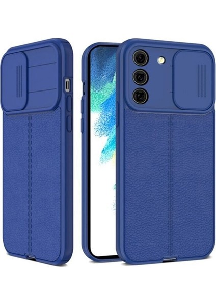 Samsung Galaxy S22 Kılıf Kamera Sürgülü Deri Dokulu Mat Silikon+Nano Glass Lacivert