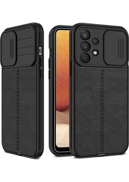 Samsung Galaxy A33 5g Kılıf Kamera Sürgülü Deri Dokulu Mat Silikon+Nano Glass Koruyucu Siyah