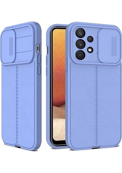 Samsung Galaxy A23 Kılıf Kamera Sürgülü Deri Dokulu Mat Silikon Mor