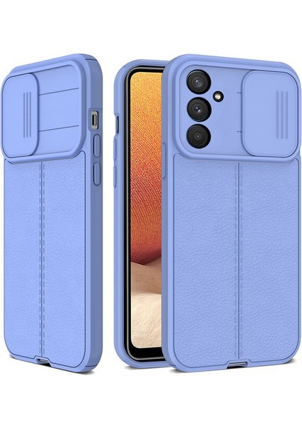 Casestreet Samsung Galaxy M23 Kılıf Kamera Sürgülü Deri Dokulu Mat Silikon+Nano Glass Koruyucu Mor