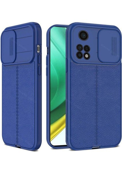 Xiaomi Redmi Note 11S Global Kılıf Kamera Sürgülü Deri Dokulu Mat Silikon+Nano Glass Koruyucu Lacivert