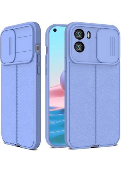 Oppo A96 4g Kılıf Kamera Sürgülü Deri Dokulu Mat Silikon Mor