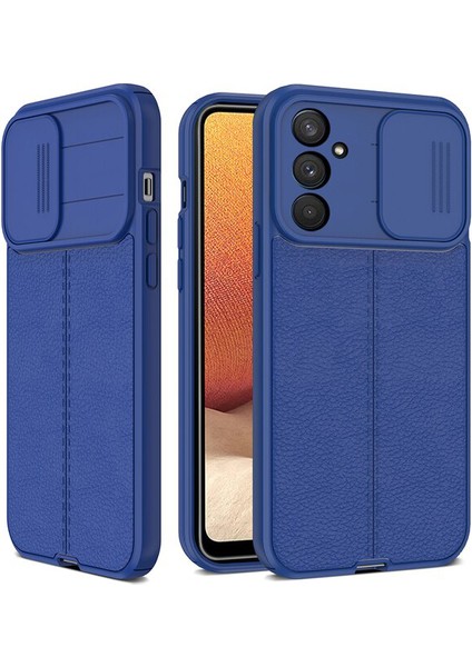 Samsung Galaxy M23 Kılıf Kamera Sürgülü Deri Dokulu Mat Silikon+Nano Glass Koruyucu Lacivert