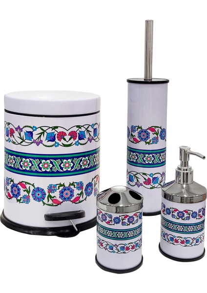 Rumi Desen-4 Lü Set Pedallı Yavaş Kapanır Çöp Kovası Wc Klozet Fırça Sabunluk Diş Fırçalık Seti