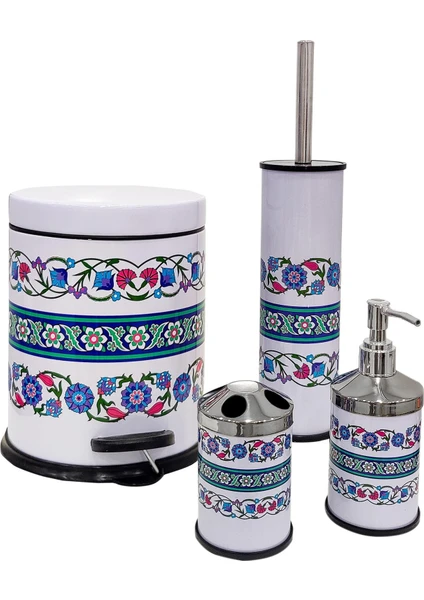 Rumi Desen-4 Lü Set Pedallı  Yavaş Kapanır Çöp Kovası Wc Klozet Fırça Sabunluk Diş Fırçalık Seti