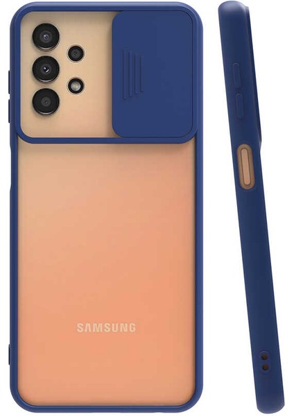 - Samsung Galaxy A33 5G - Kılıf Slayt Sürgülü Arkası Buzlu Lensi Kapak - Lacivert