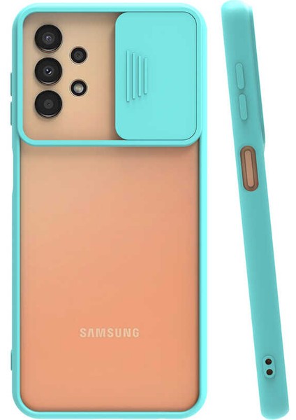- Samsung Galaxy A33 5G - Kılıf Slayt Sürgülü Arkası Buzlu Lensi Kapak - Turkuaz
