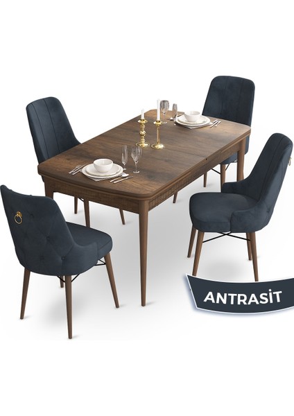 Concept Taç Serisi, 80X132 Açılabilir Barok Ahşap Desen Masa Takımı, 4 Sandalye Gold Halkalı