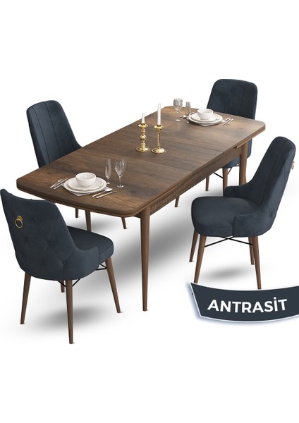 Concept Taç Serisi, 80X132 Açılabilir Barok Ahşap Desen Masa Takımı, 4 Sandalye Gold Halkalı