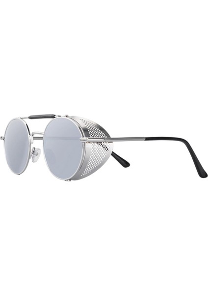 Yuvarlak Steampunk Güneş Gözlüğü UV400 Koruma Yan Kalkan Gözlük Unisex Gümüş Lens (Yurt Dışından)