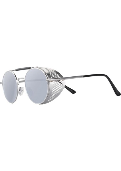 Yuvarlak Steampunk Güneş Gözlüğü UV400 Koruma Yan Kalkan Gözlük Unisex Gümüş Lens (Yurt Dışından) modelleri