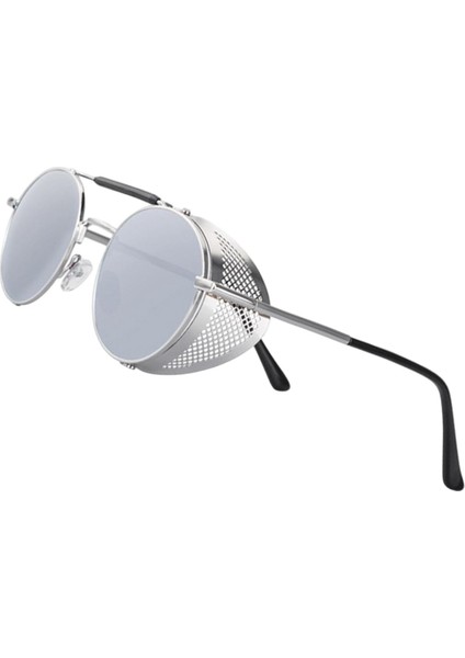 Yuvarlak Steampunk Güneş Gözlüğü UV400 Koruma Yan Kalkan Gözlük Unisex Gümüş Lens (Yurt Dışından) indirimleri