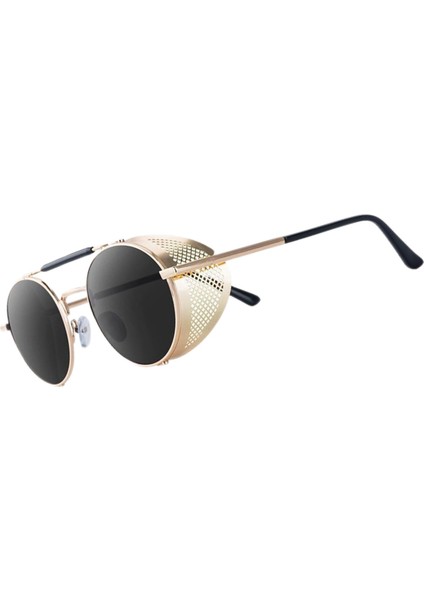 Yuvarlak Steampunk Güneş Gözlüğü UV400 Koruma Yan Kalkan Gözlük Unisex Gri Lens Altın Çerçeve (Yurt Dışından) fiyatları