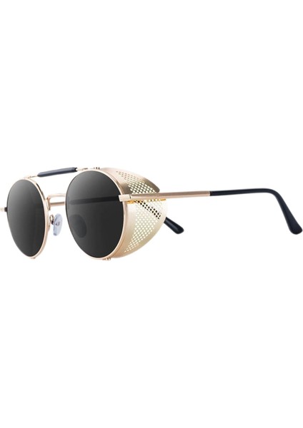 Yuvarlak Steampunk Güneş Gözlüğü UV400 Koruma Yan Kalkan Gözlük Unisex Gri Lens Altın Çerçeve (Yurt Dışından) modelleri