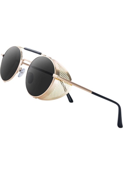 Yuvarlak Steampunk Güneş Gözlüğü UV400 Koruma Yan Kalkan Gözlük Unisex Gri Lens Altın Çerçeve (Yurt Dışından) indirimleri