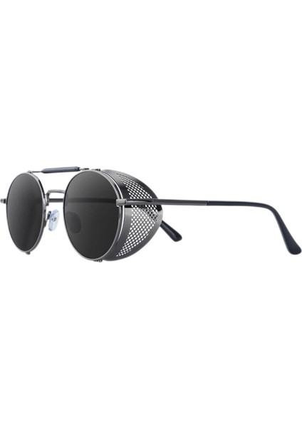 Yuvarlak Steampunk Güneş Gözlüğü UV400 Koruma Yan Kalkan Gözlükleri Unisex Gri Lens Gri Çerçeve (Yurt Dışından)