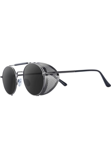 Yuvarlak Steampunk Güneş Gözlüğü UV400 Koruma Yan Kalkan Gözlükleri Unisex Gri Lens Gri Çerçeve (Yurt Dışından)
