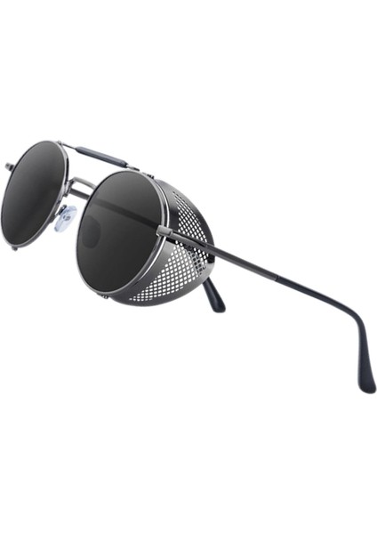 Yuvarlak Steampunk Güneş Gözlüğü UV400 Koruma Yan Kalkan Gözlükleri Unisex Gri Lens Gri Çerçeve (Yurt Dışından)
