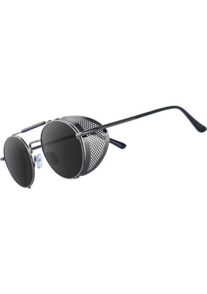 Yuvarlak Steampunk Güneş Gözlüğü UV400 Koruma Yan Kalkan Gözlükleri Unisex Gri Lens Gri Çerçeve (Yurt Dışından)