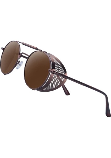 Yuvarlak Steampunk Güneş Gözlüğü UV400 Koruma Yan Kalkan Gözlük Unisex Koyu Kahverengi Lens (Yurt Dışından) indirimleri
