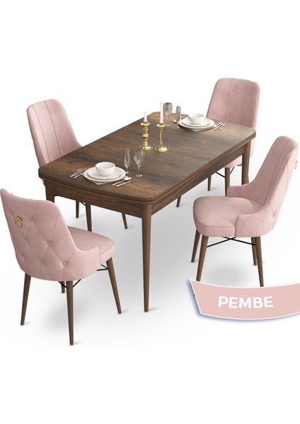 Concept Taç Serisi, 80X132 Açılabilir Barok Ahşap Desen Masa Takımı, 4 Sandalye Gold Halkalı