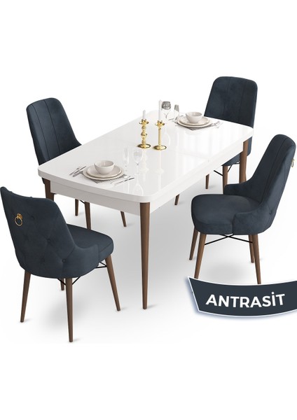 Concept Taç Serisi, 80X132 Beyaz Masa Ceviz Ayak Mutfak Masası Takımı, 4 Sandalye Gold Halkalı