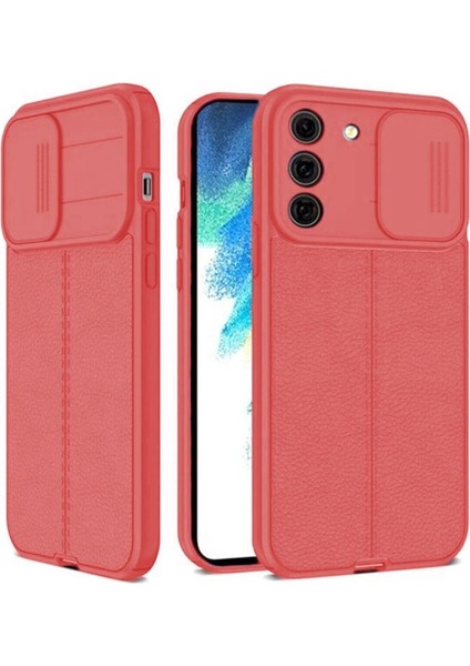 Samsung Galaxy S22 Kılıf Kamera Sürgülü Deri Dokulu Mat Silikon+Nano Glass Kırmızı