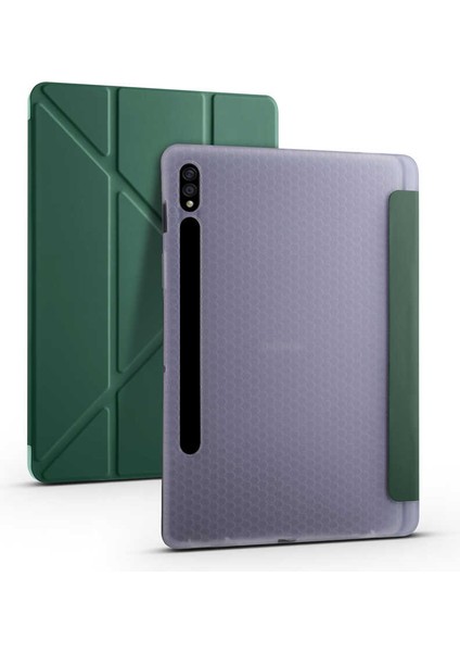 - Samsung Galaxy Tab S7 T870 - Tablet Kılıfı Kalem Bölmeli Korumalı Standlı Tri Folding Kılıf - Koyu Yeşil