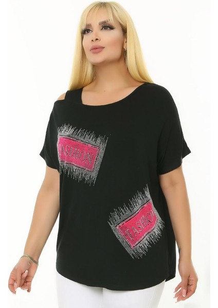 Kayık Yuvarlak Yaka Omzu Pencereli Taş Baskılı Kısa Yarasa Kol Esnek Rahat Kesim Likralı Bluz fırsatları