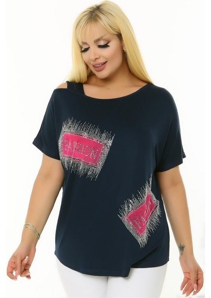 Kayık Yuvarlak Yaka Omzu Pencereli Taş Baskılı Kısa Yarasa Kol Esnek Rahat Kesim Likralı Bluz modelleri