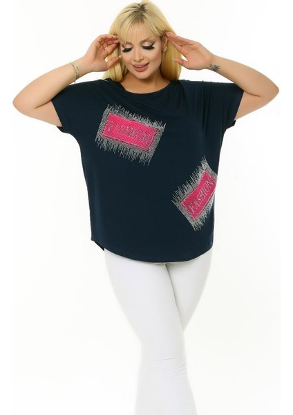 Kayık Yuvarlak Yaka Omzu Pencereli Taş Baskılı Kısa Yarasa Kol Esnek Rahat Kesim Likralı Bluz indirimleri