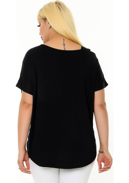 Taş Baskılı Kısa Yarasa Kol Kayık Yuvarlak Yaka Omzu Pencereli Esnek Rahat Kesim Likralı Bluz fiyatları