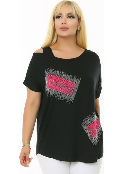 Taş Baskılı Kısa Yarasa Kol Kayık Yuvarlak Yaka Omzu Pencereli Esnek Rahat Kesim Likralı Bluz modelleri