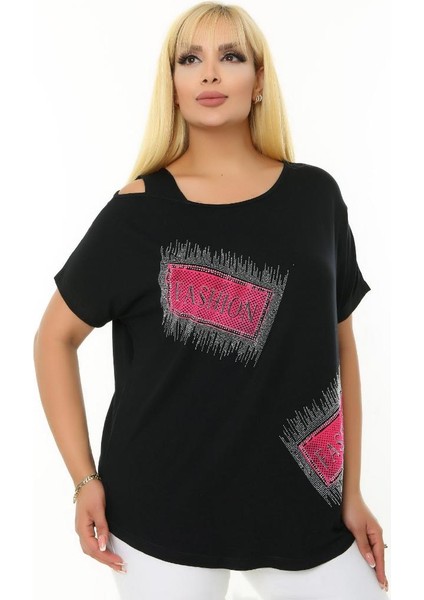 Taş Baskılı Kısa Yarasa Kol Kayık Yuvarlak Yaka Omzu Pencereli Esnek Rahat Kesim Likralı Bluz indirimleri