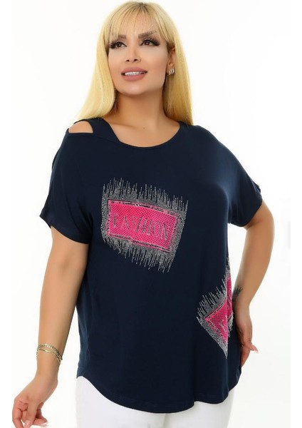 Taş Baskılı Kısa Yarasa Kol Kayık Yuvarlak Yaka Omzu Pencereli Esnek Rahat Kesim Likralı Bluz