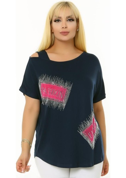 Taş Baskılı Kısa Yarasa Kol Kayık Yuvarlak Yaka Omzu Pencereli Esnek Rahat Kesim Likralı Bluz modelleri